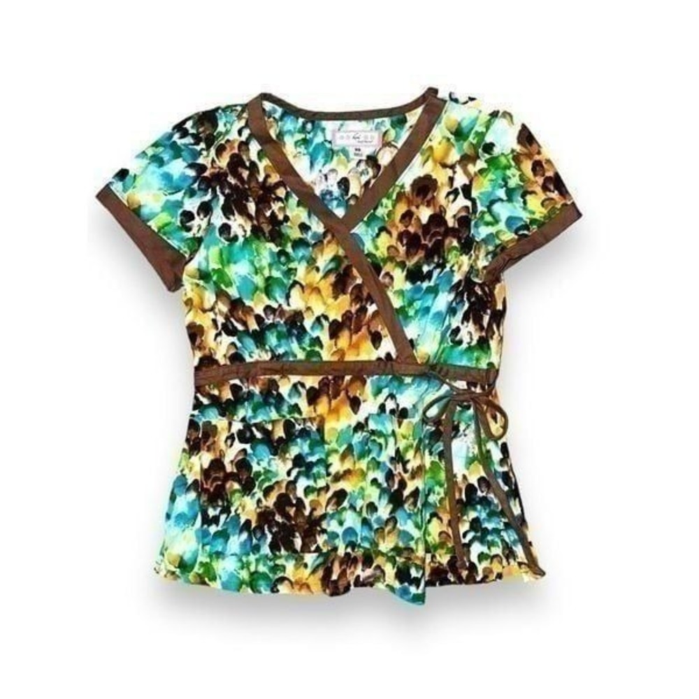 B1 Koi Scrub Top Tie Waist Briwn Watercolor XS Womens